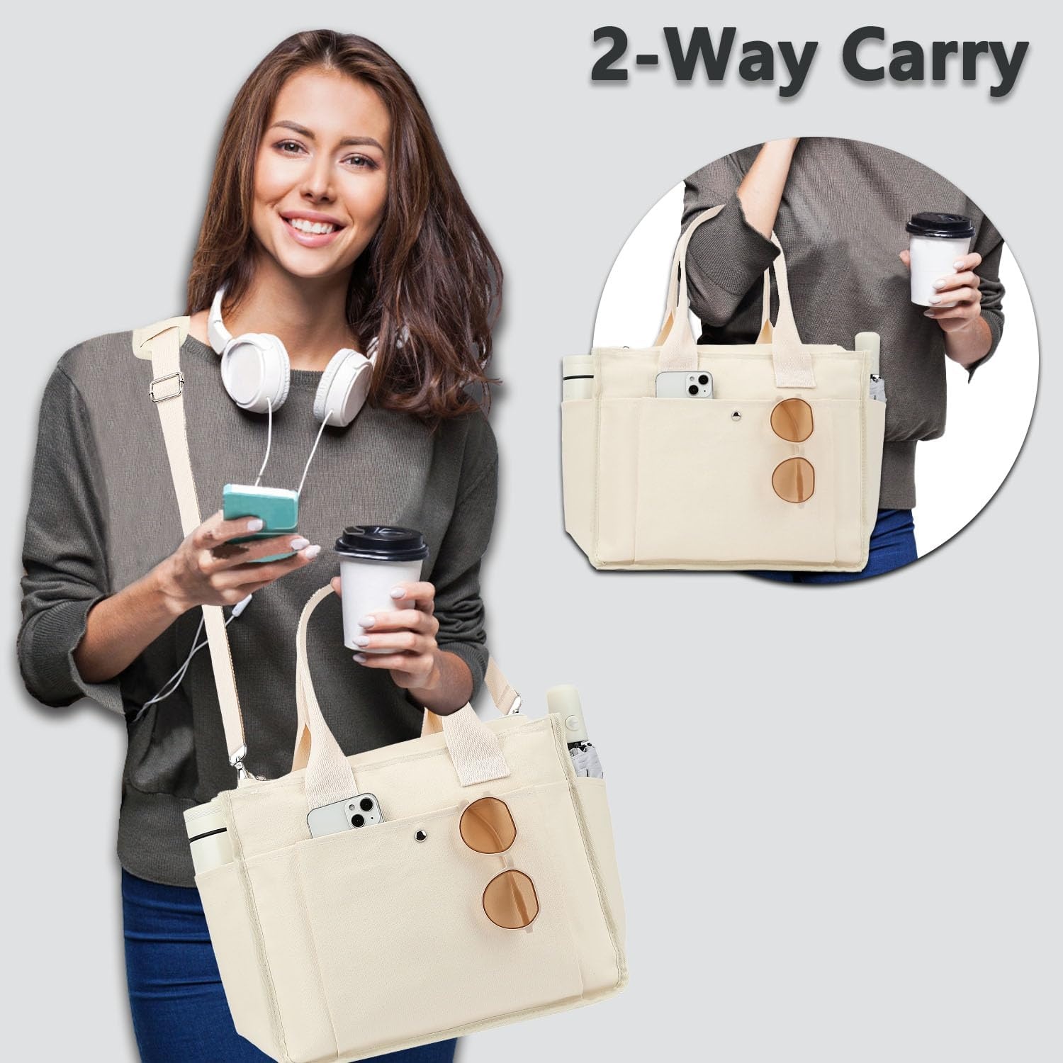 image:imageFammart Large Canvas Tote Bag for Women with Zipper amp Compartments Crossbody Laptop Bags for Work College TravelCrossbody Beige