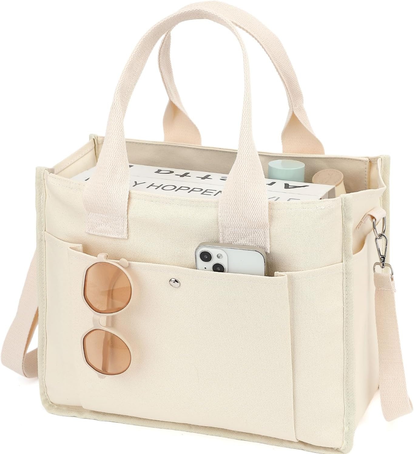 image:imageFammart Large Canvas Tote Bag for Women with Zipper amp Compartments Crossbody Laptop Bags for Work College TravelCrossbody Beige
