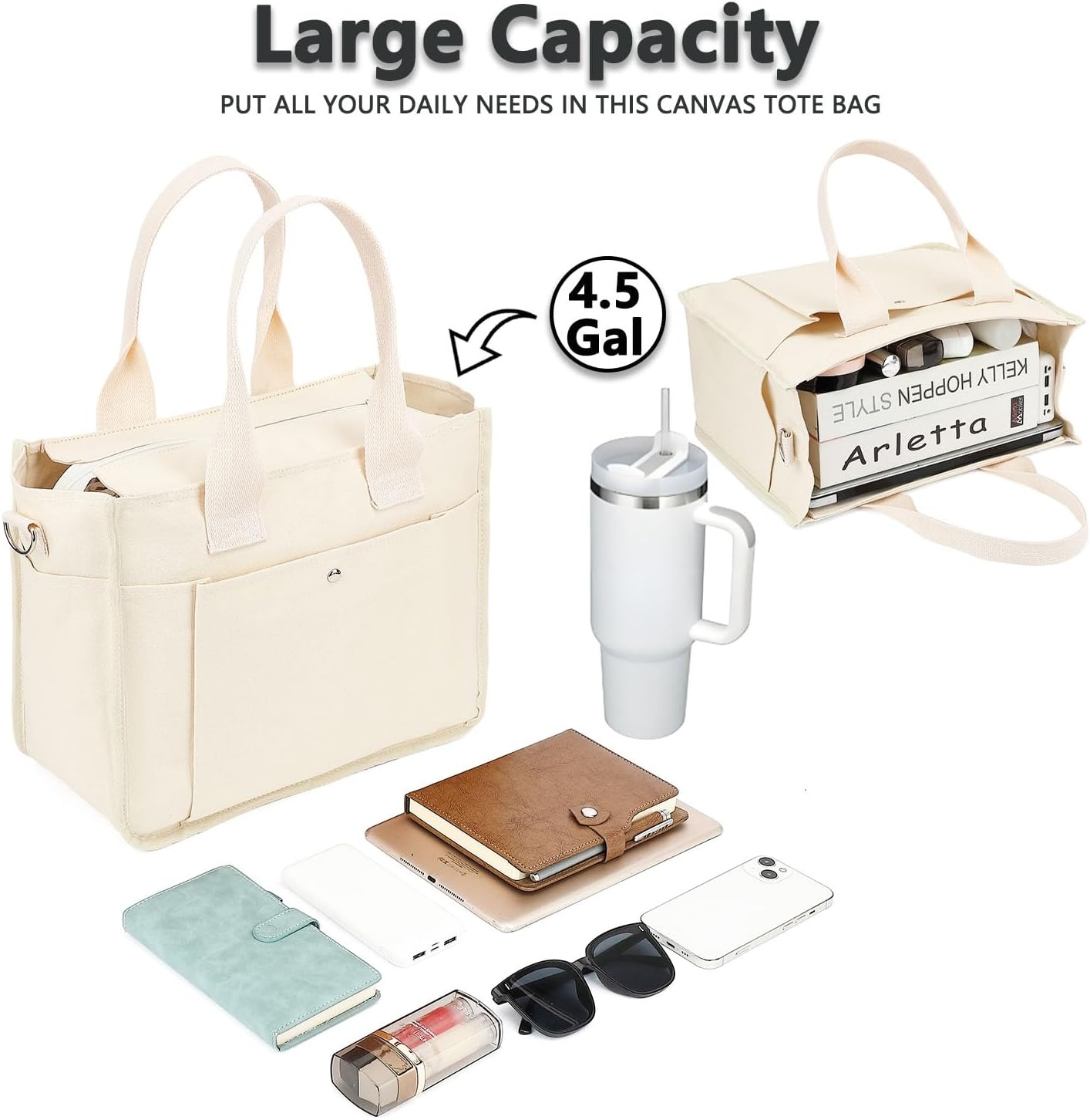 image:imageFammart Large Canvas Tote Bag for Women with Zipper amp Compartments Crossbody Laptop Bags for Work College TravelCrossbody Beige