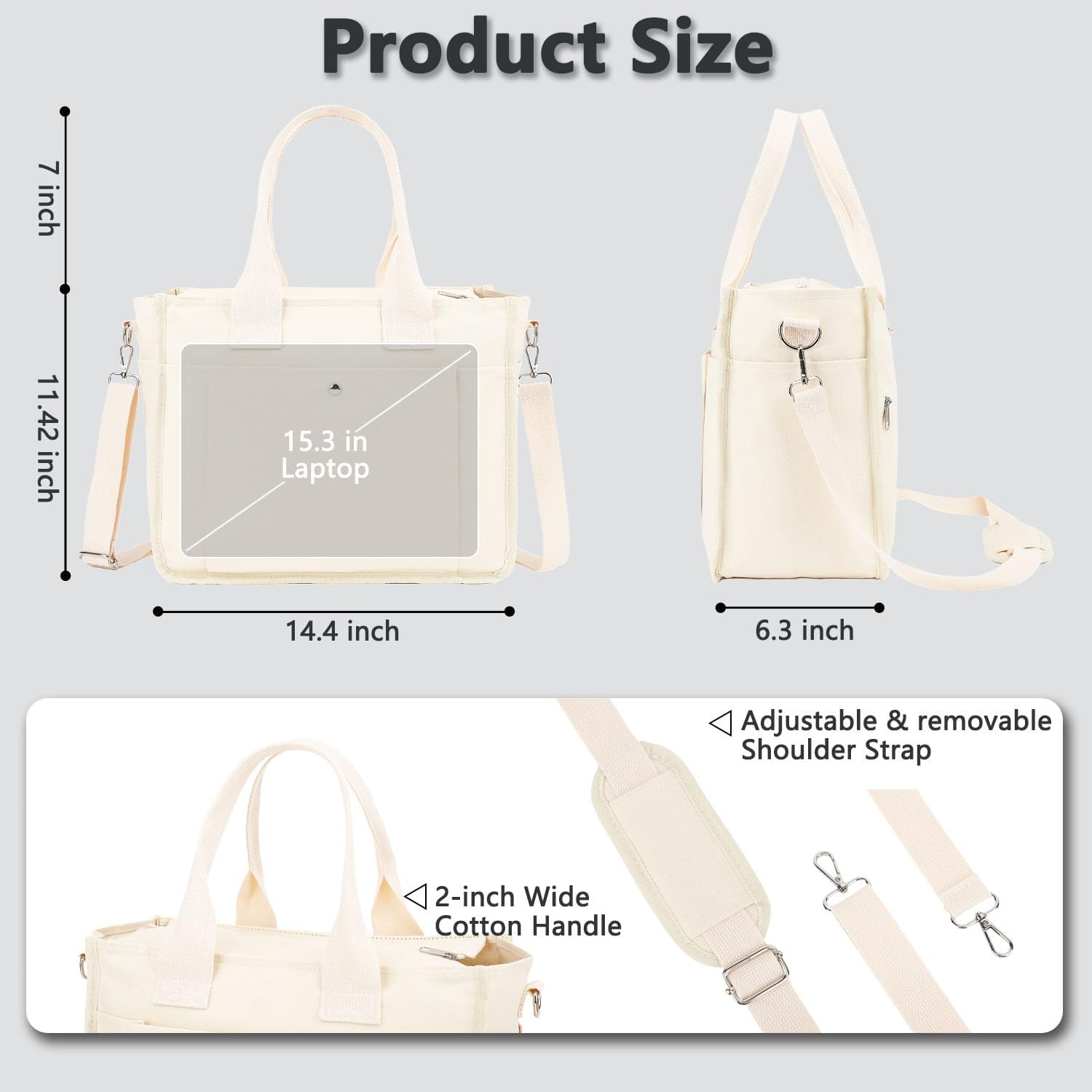 image:imageFammart Large Canvas Tote Bag for Women with Zipper amp Compartments Crossbody Laptop Bags for Work College TravelCrossbody Beige