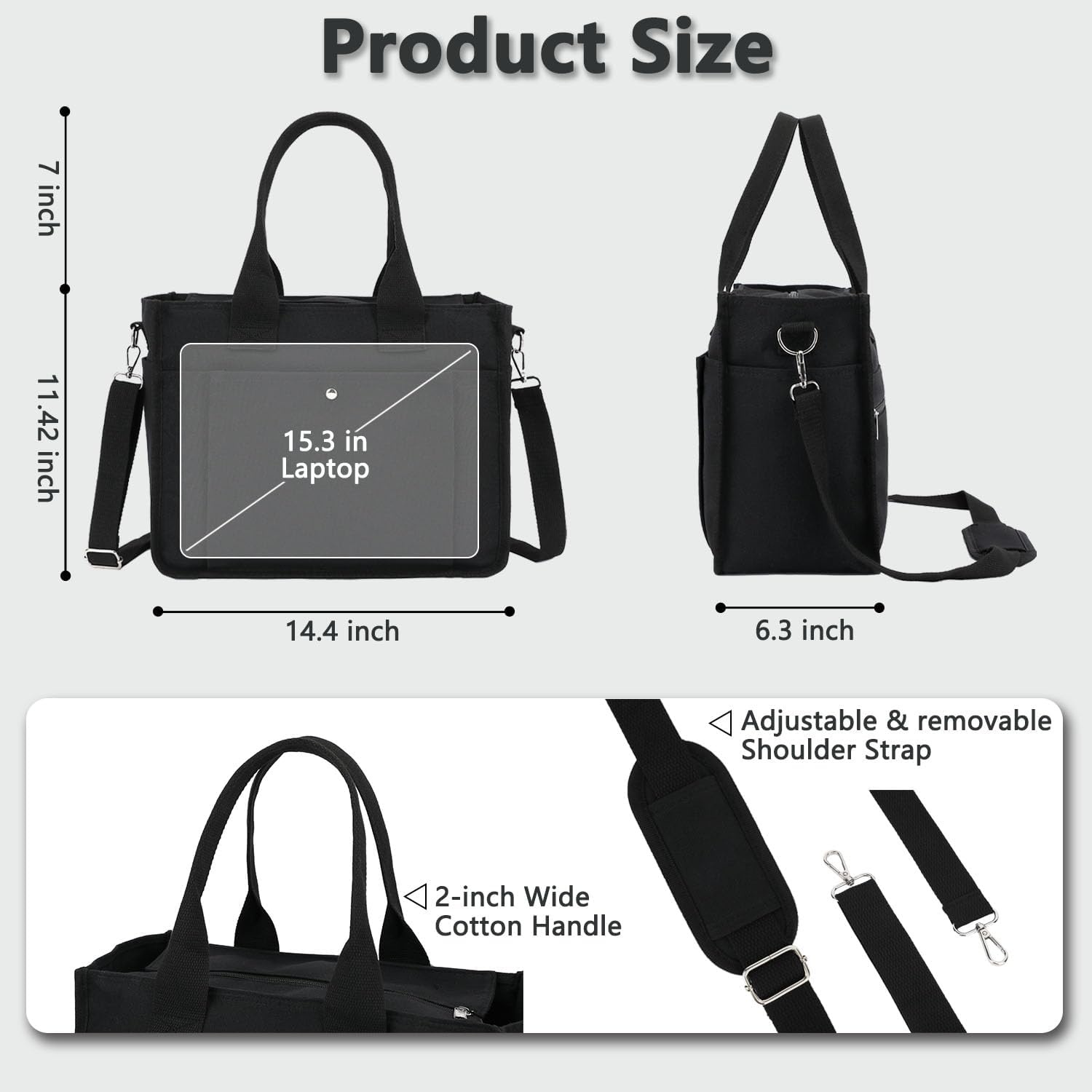 image:imageFammart Large Canvas Tote Bag for Women with Zipper amp Compartments Crossbody Laptop Bags for Work College TravelCrossbody Black