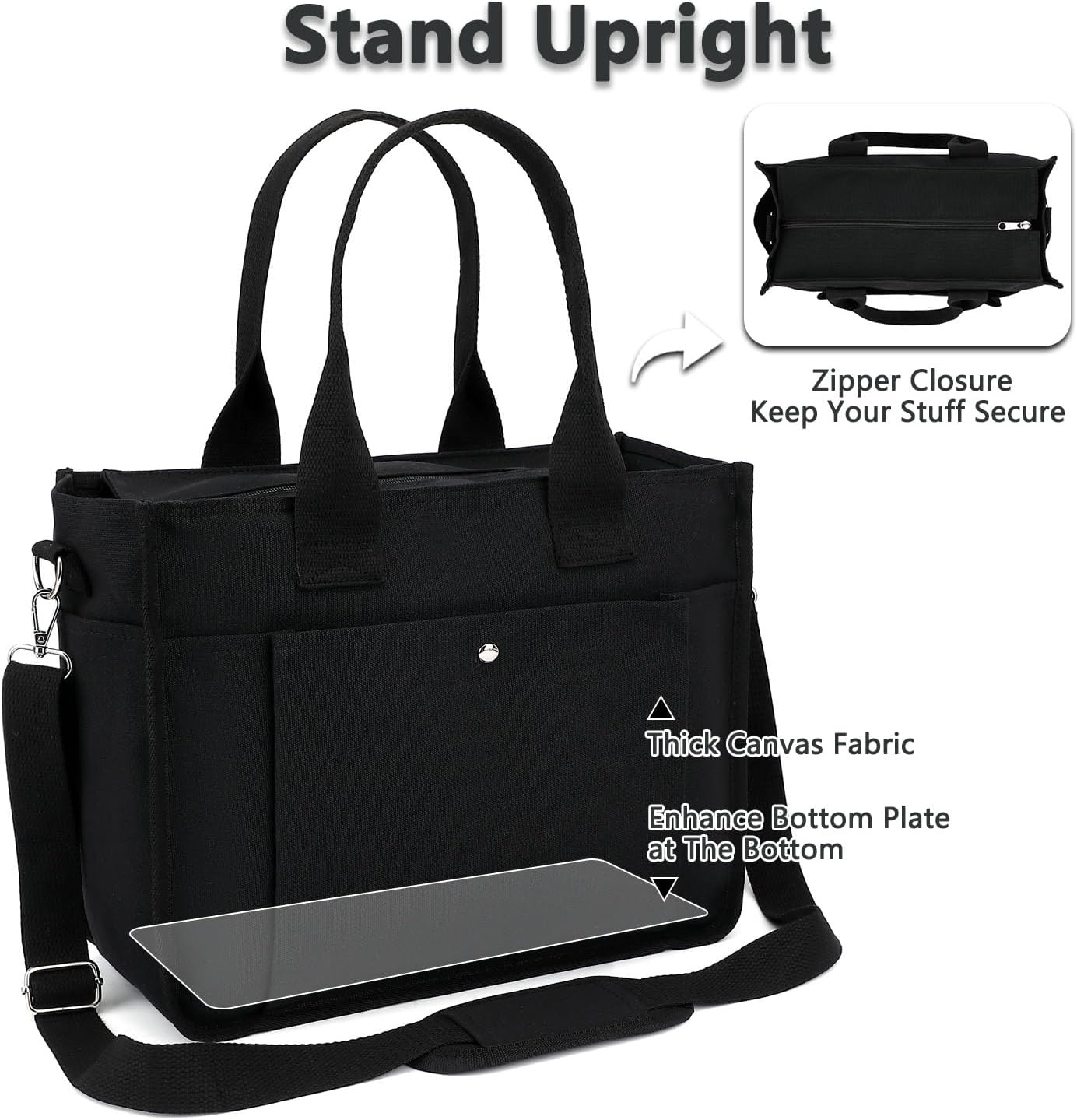 image:imageFammart Large Canvas Tote Bag for Women with Zipper amp Compartments Crossbody Laptop Bags for Work College TravelCrossbody Black