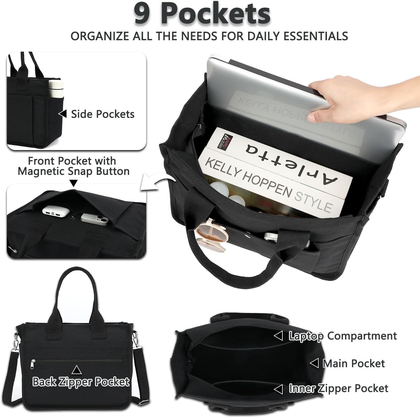 image:imageFammart Large Canvas Tote Bag for Women with Zipper amp Compartments Crossbody Laptop Bags for Work College TravelCrossbody Black