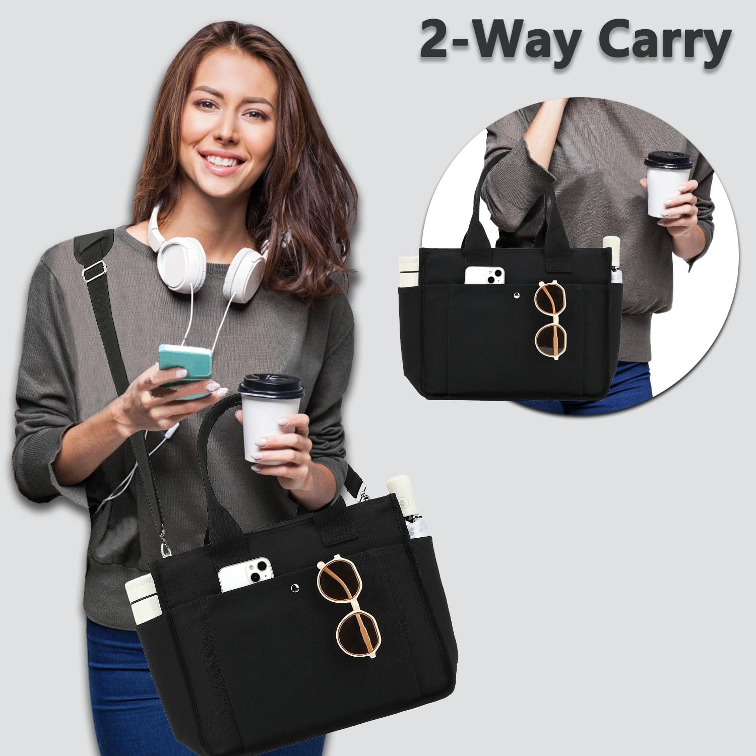 image:imageFammart Large Canvas Tote Bag for Women with Zipper amp Compartments Crossbody Laptop Bags for Work College TravelCrossbody Black