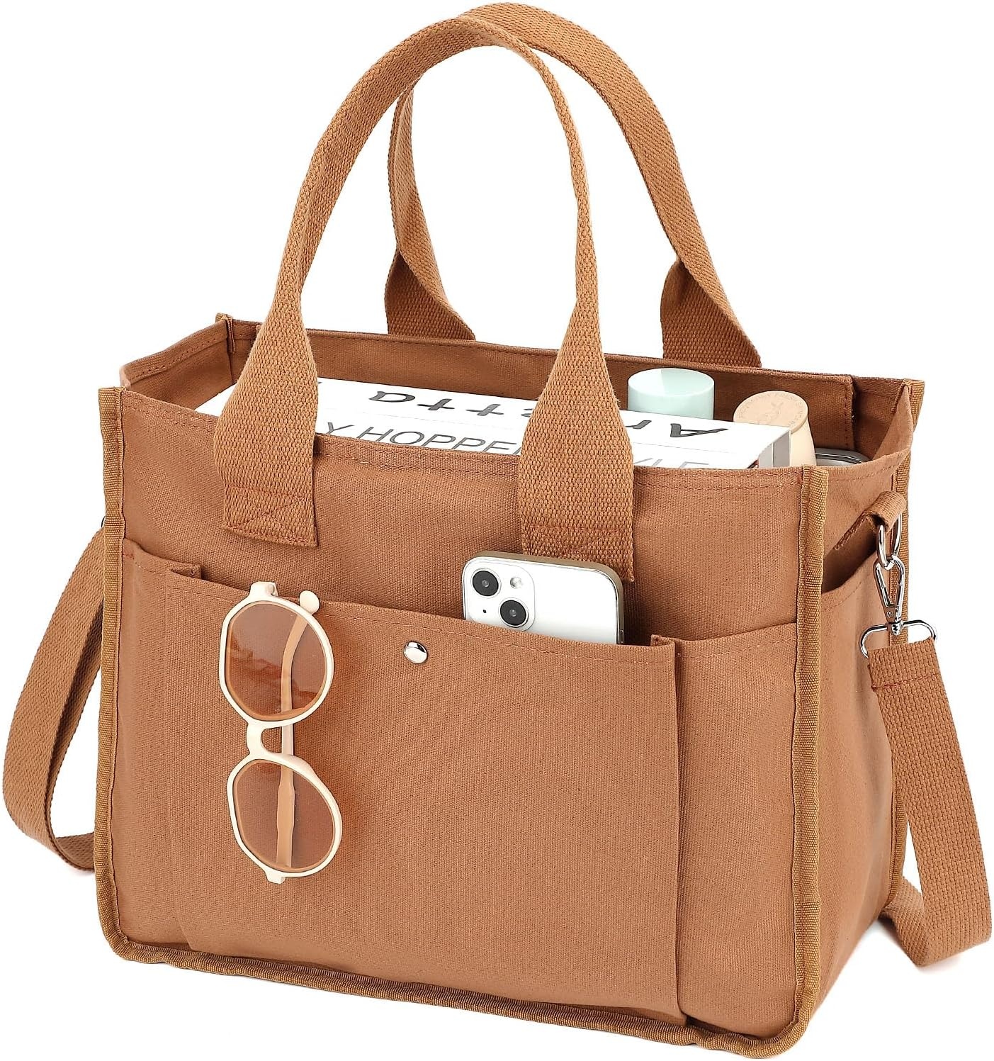 image:imageFammart Large Canvas Tote Bag for Women with Zipper amp Compartments Crossbody Laptop Bags for Work College TravelCrossbody Brown