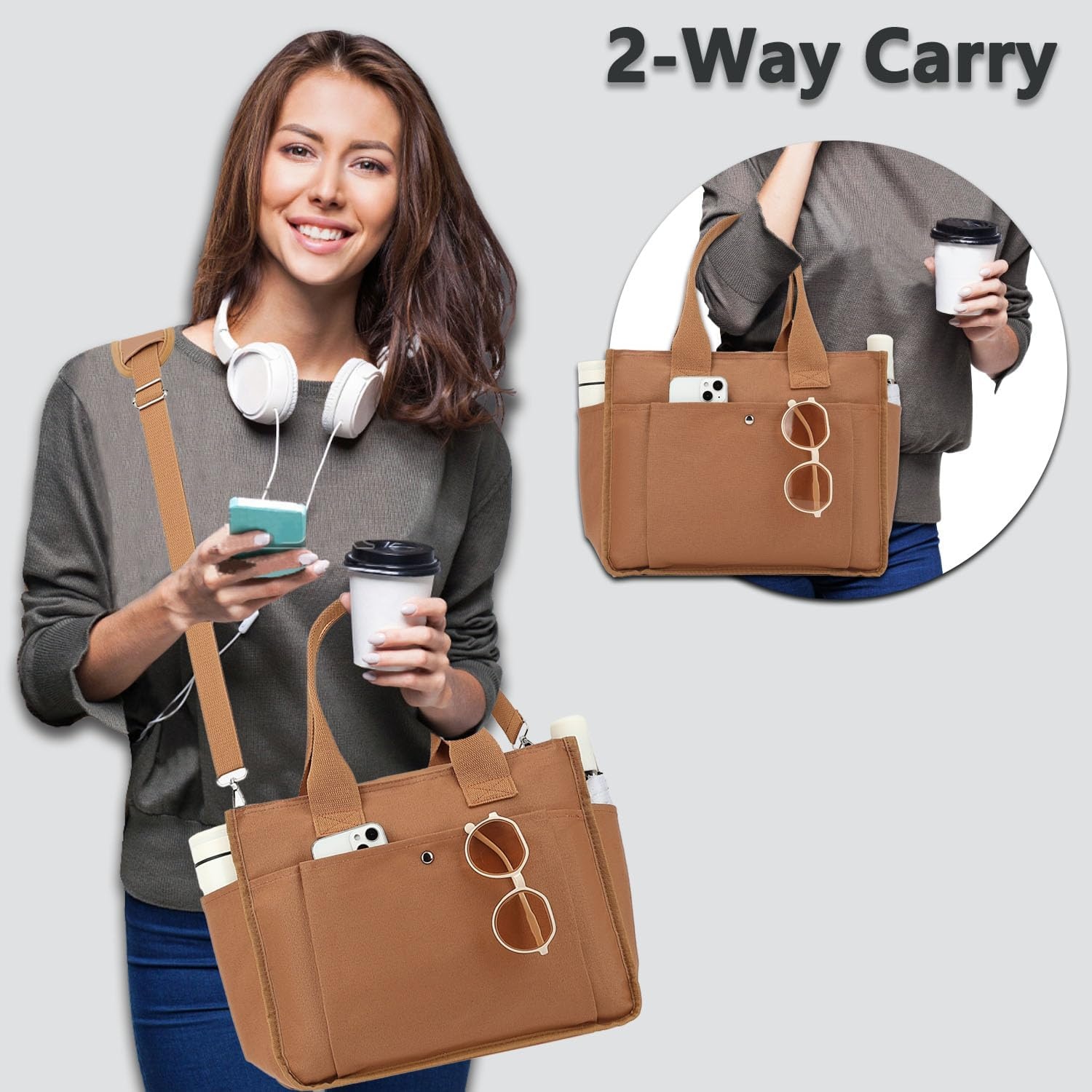 image:imageFammart Large Canvas Tote Bag for Women with Zipper amp Compartments Crossbody Laptop Bags for Work College TravelCrossbody Brown