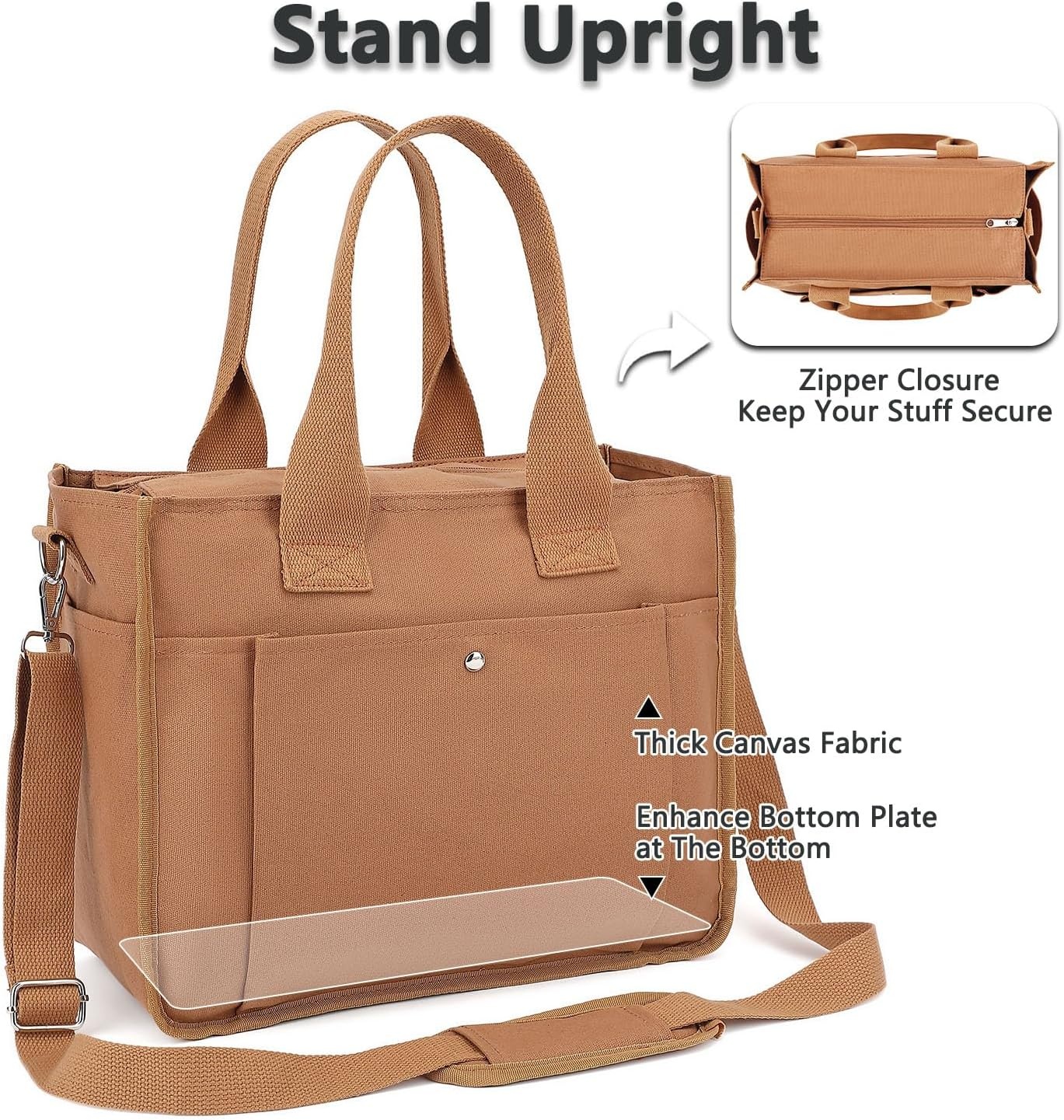image:imageFammart Large Canvas Tote Bag for Women with Zipper amp Compartments Crossbody Laptop Bags for Work College TravelCrossbody Brown