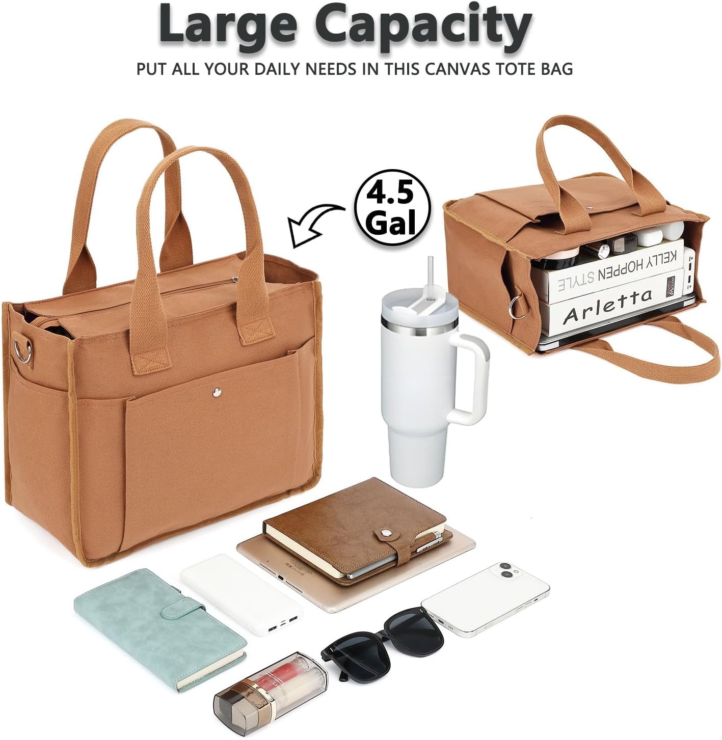 image:imageFammart Large Canvas Tote Bag for Women with Zipper amp Compartments Crossbody Laptop Bags for Work College TravelCrossbody Brown