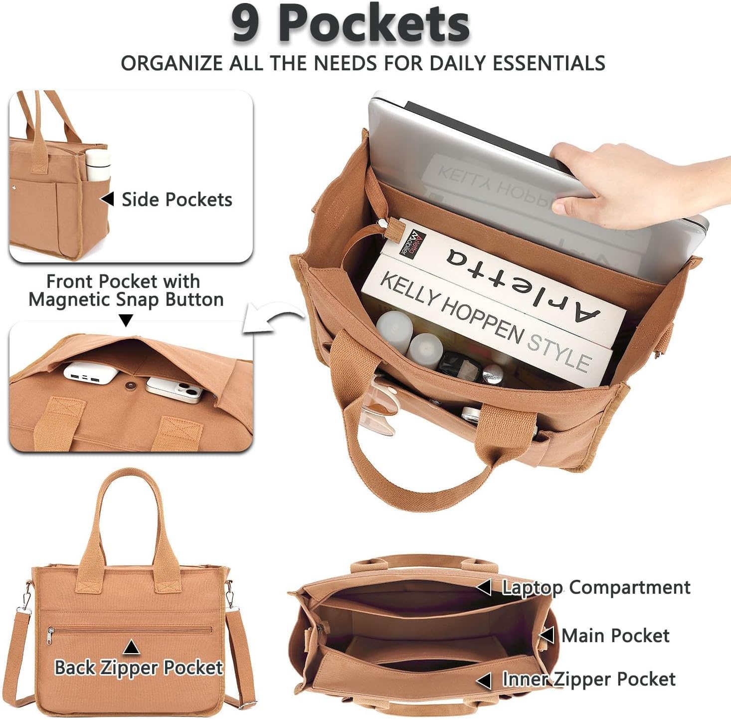 image:imageFammart Large Canvas Tote Bag for Women with Zipper amp Compartments Crossbody Laptop Bags for Work College TravelCrossbody Brown