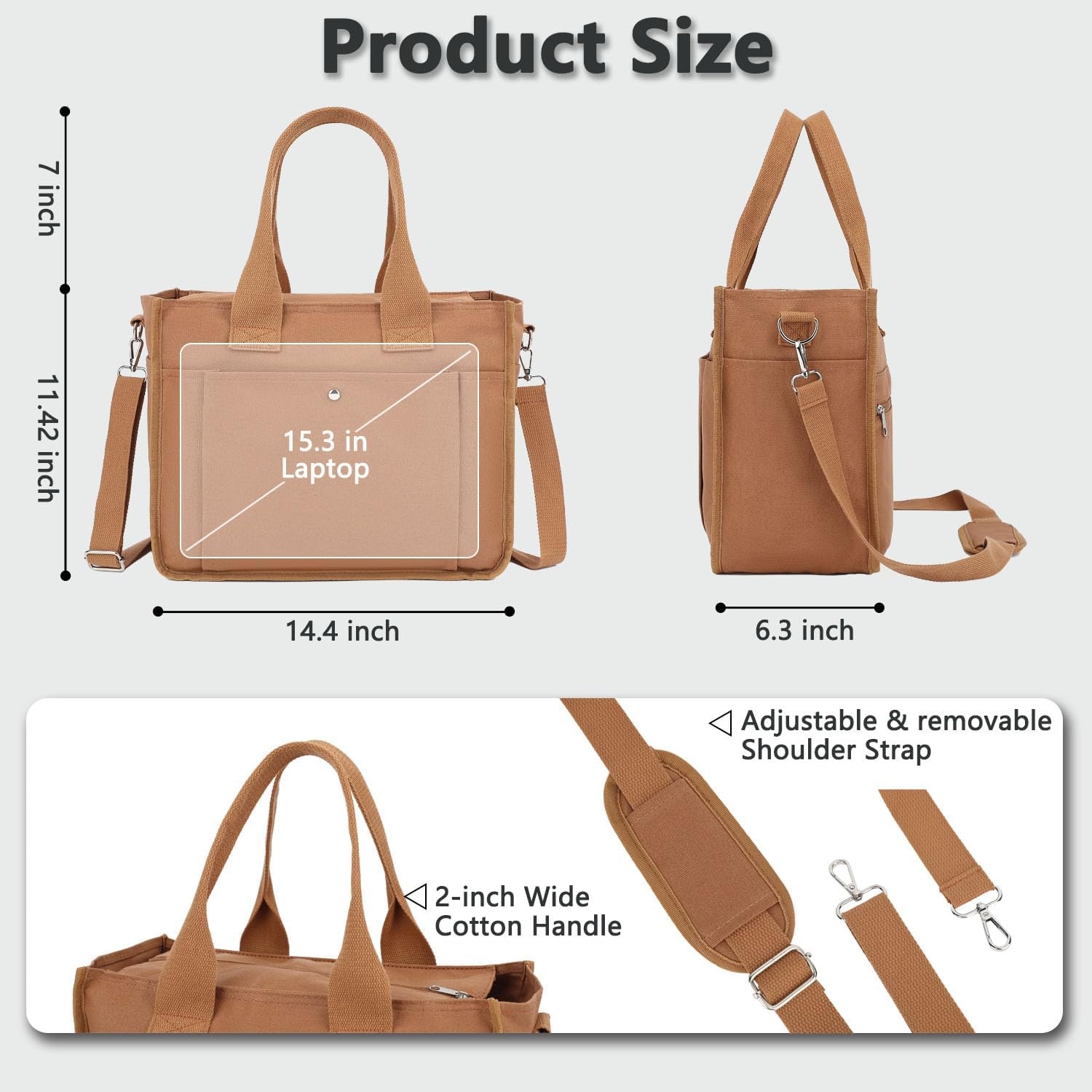 image:imageFammart Large Canvas Tote Bag for Women with Zipper amp Compartments Crossbody Laptop Bags for Work College TravelCrossbody Brown