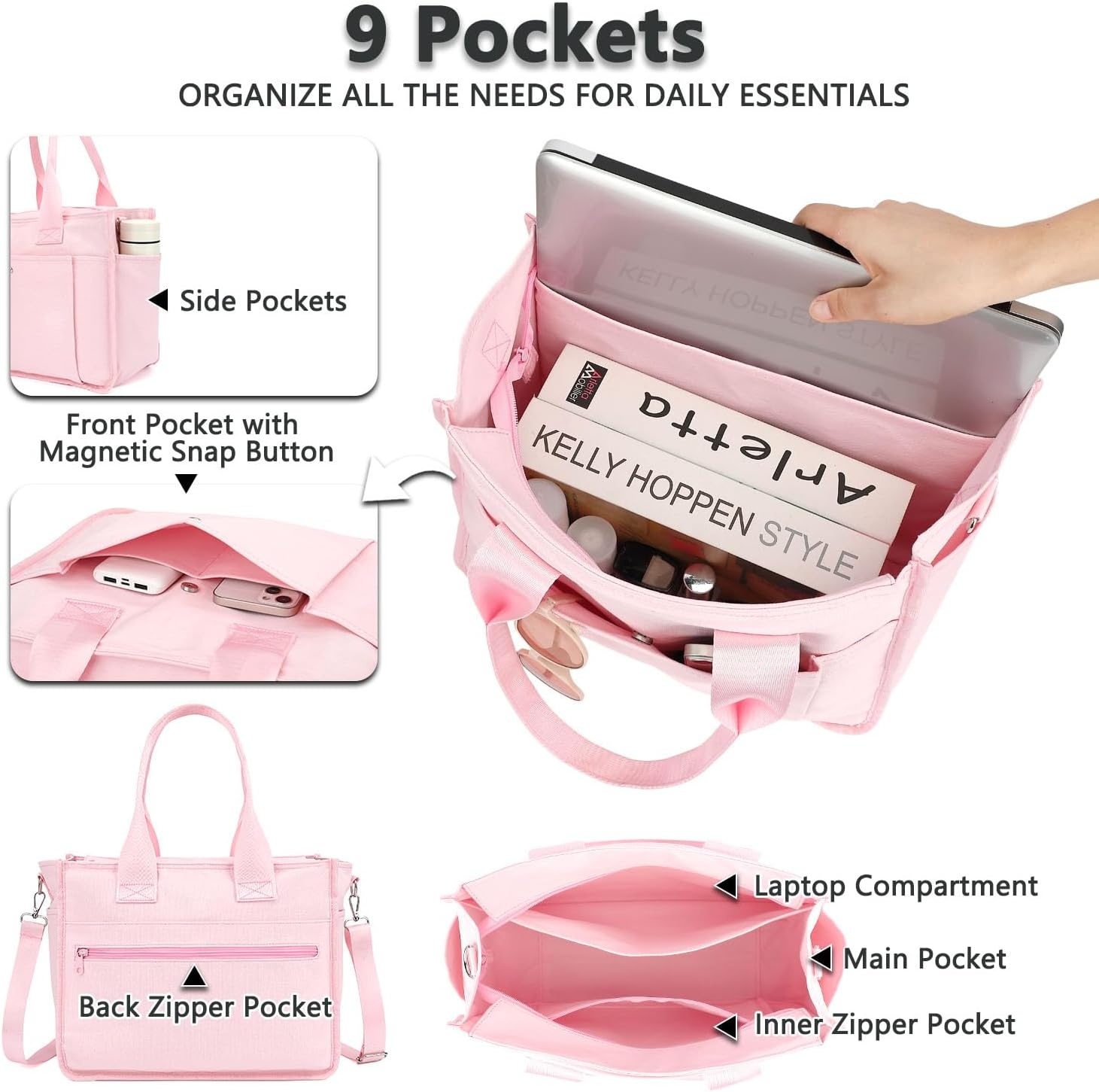 image:imageFammart Large Canvas Tote Bag for Women with Zipper amp Compartments Crossbody Laptop Bags for Work College TravelCrossbody Pink