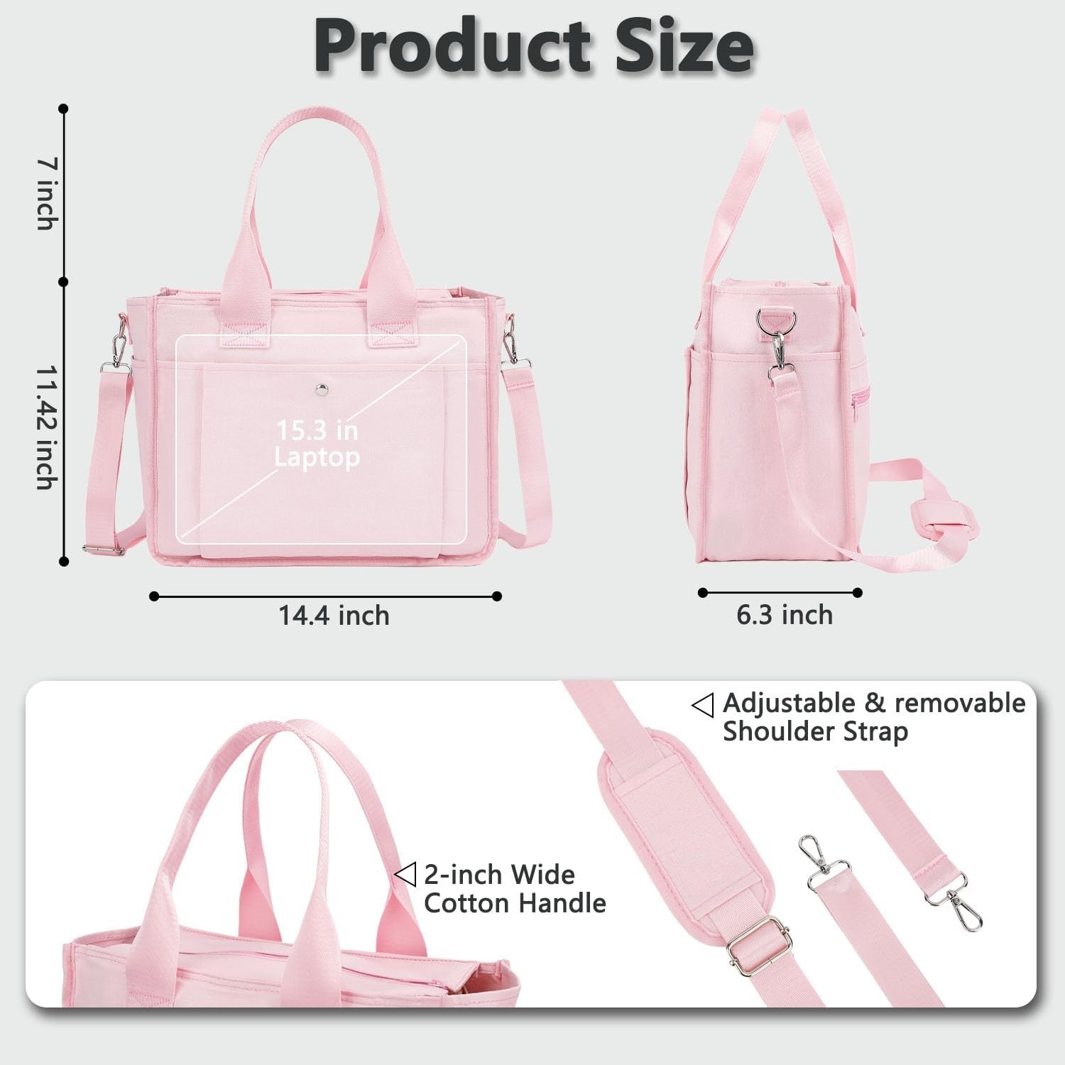 image:imageFammart Large Canvas Tote Bag for Women with Zipper amp Compartments Crossbody Laptop Bags for Work College TravelCrossbody Pink