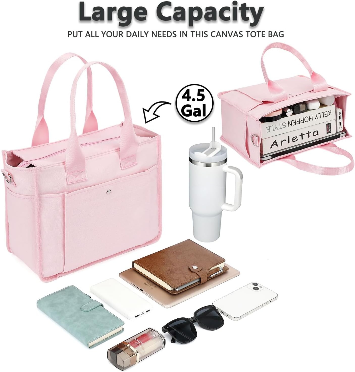 image:imageFammart Large Canvas Tote Bag for Women with Zipper amp Compartments Crossbody Laptop Bags for Work College TravelCrossbody Pink