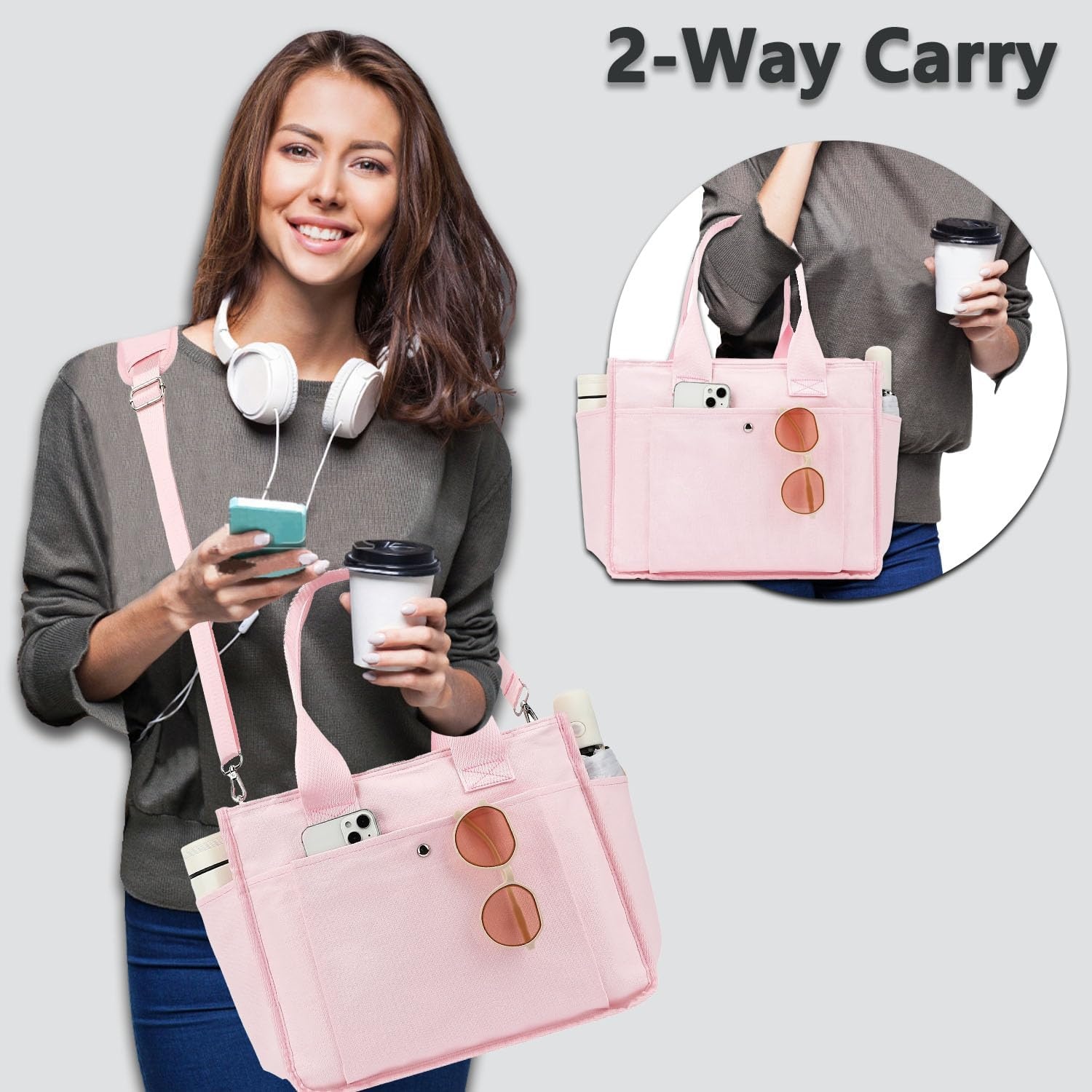 image:imageFammart Large Canvas Tote Bag for Women with Zipper amp Compartments Crossbody Laptop Bags for Work College TravelCrossbody Pink