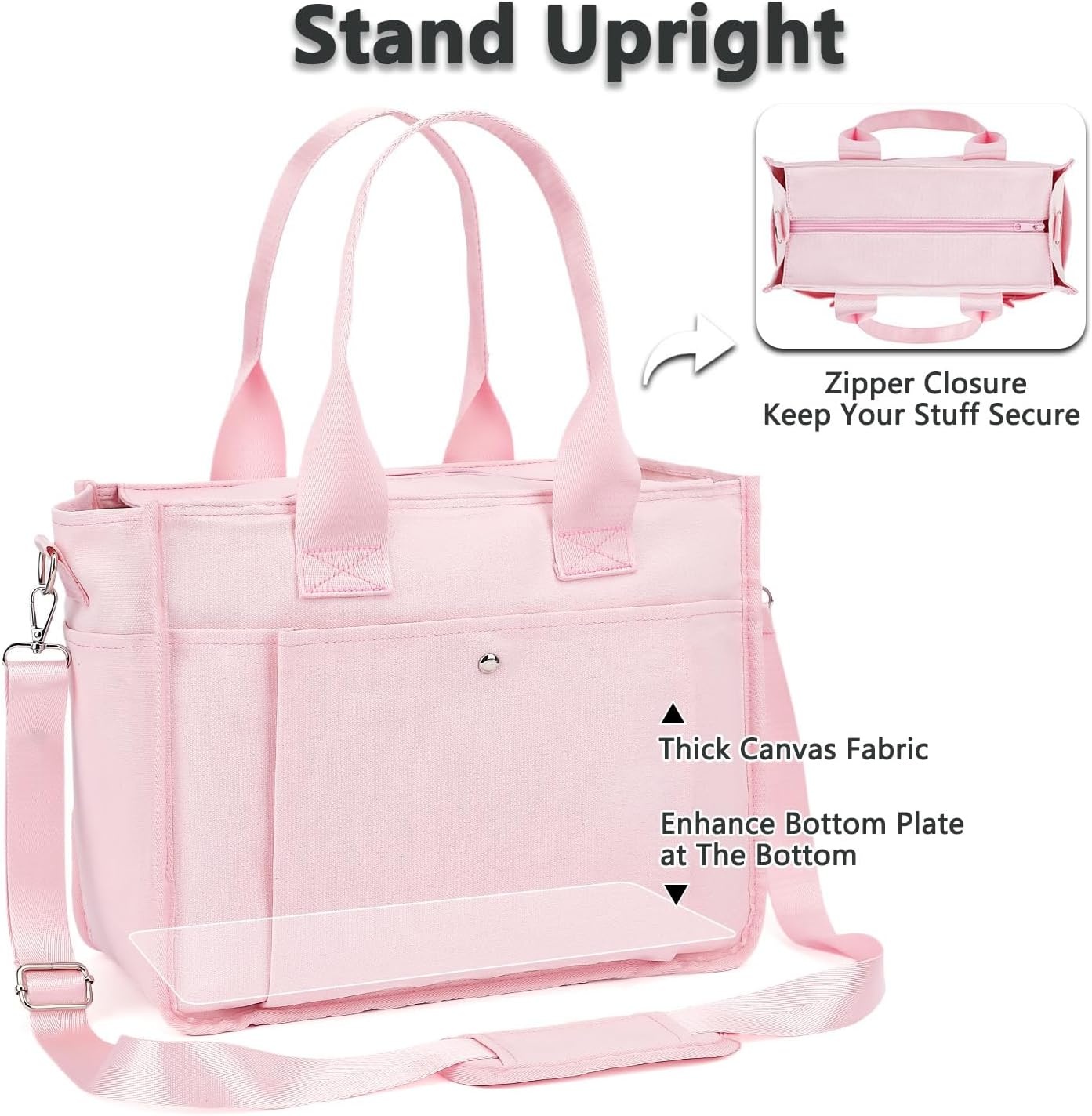 image:imageFammart Large Canvas Tote Bag for Women with Zipper amp Compartments Crossbody Laptop Bags for Work College TravelCrossbody Pink