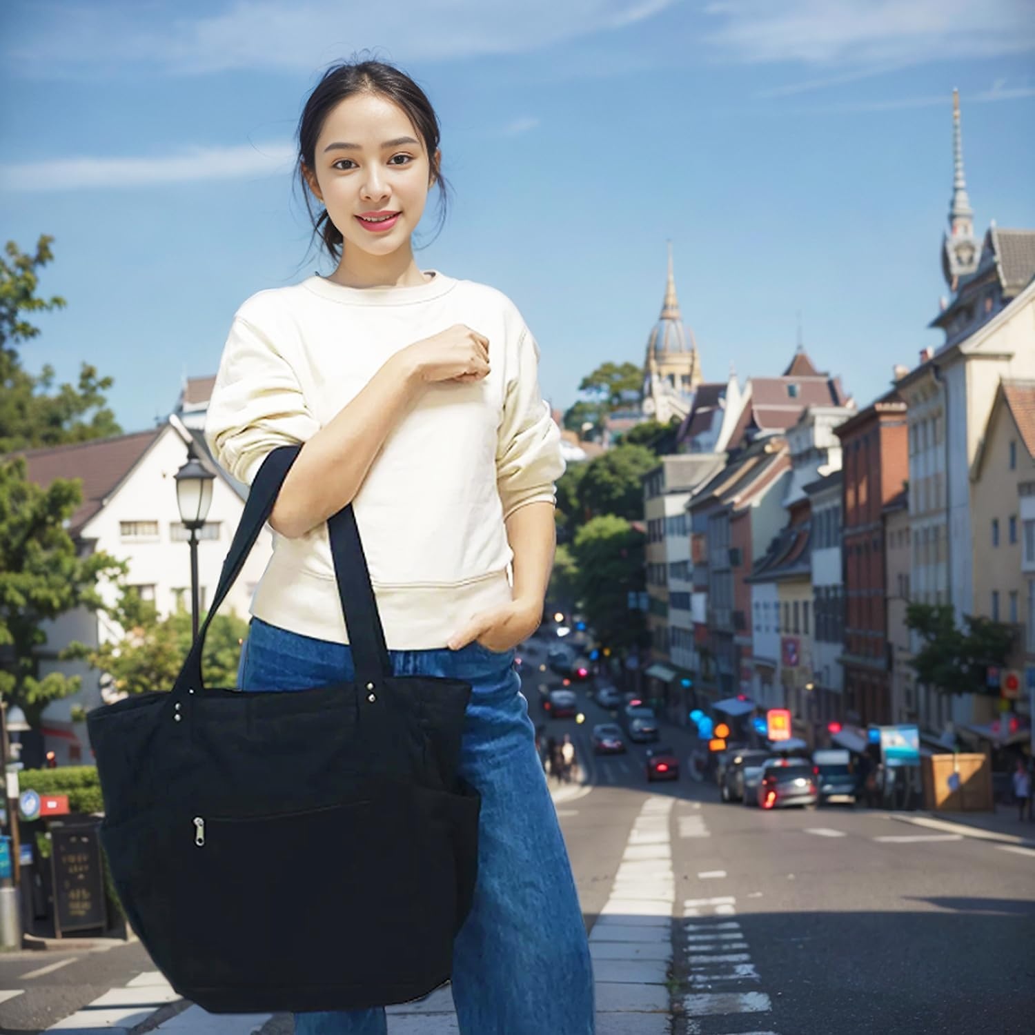 image:imageFammart Large Canvas Tote Bag for Women with Zipper amp Compartments Crossbody Laptop Bags for Work College TravelLuggage Strap Black