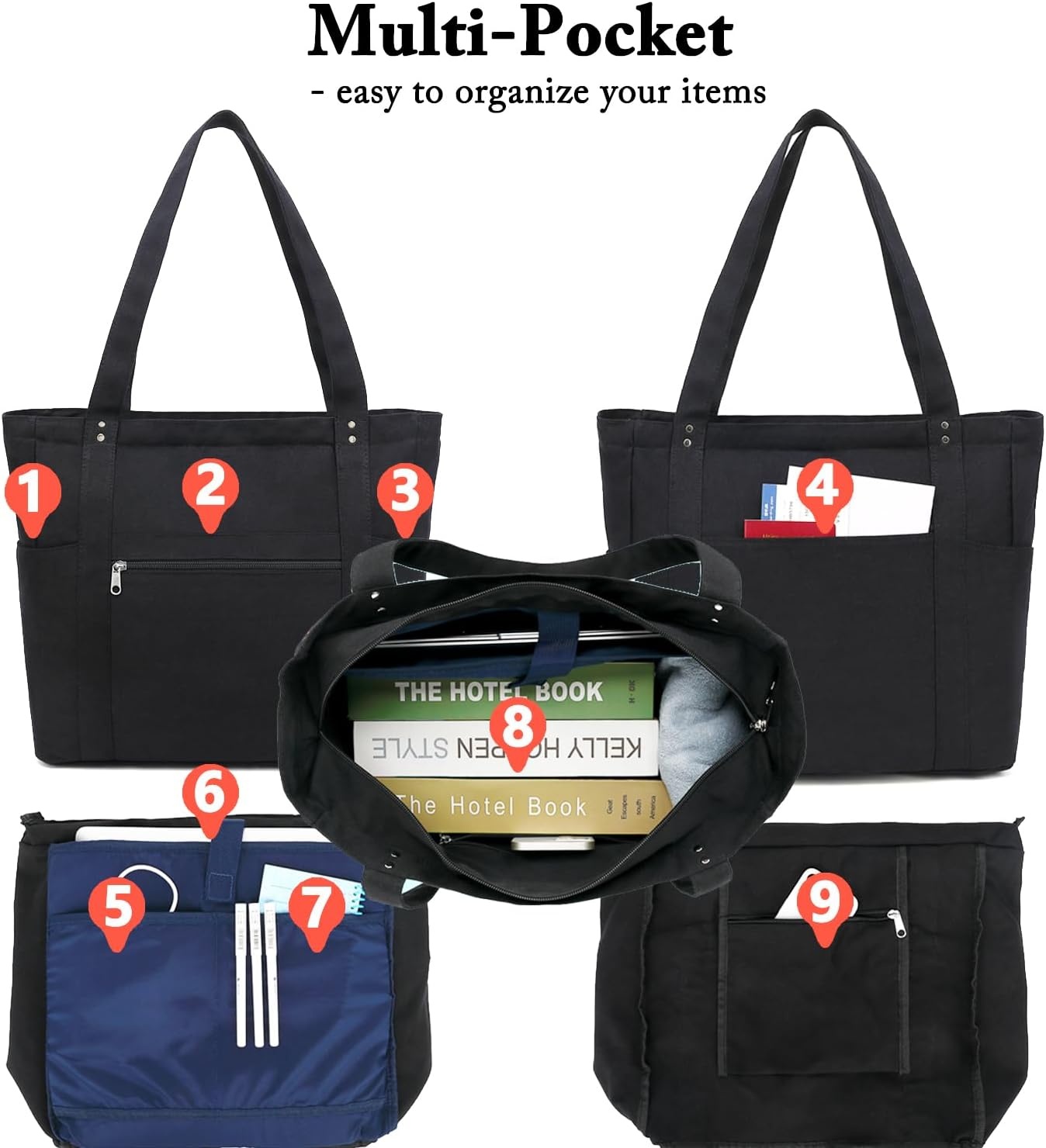 image:imageFammart Large Canvas Tote Bag for Women with Zipper amp Compartments Crossbody Laptop Bags for Work College TravelLuggage Strap Black