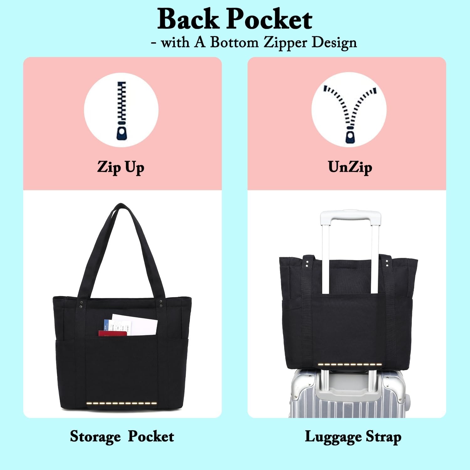 image:imageFammart Large Canvas Tote Bag for Women with Zipper amp Compartments Crossbody Laptop Bags for Work College TravelLuggage Strap Black