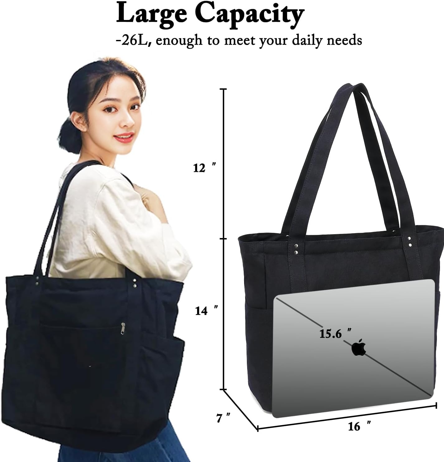 image:imageFammart Large Canvas Tote Bag for Women with Zipper amp Compartments Crossbody Laptop Bags for Work College TravelLuggage Strap Black