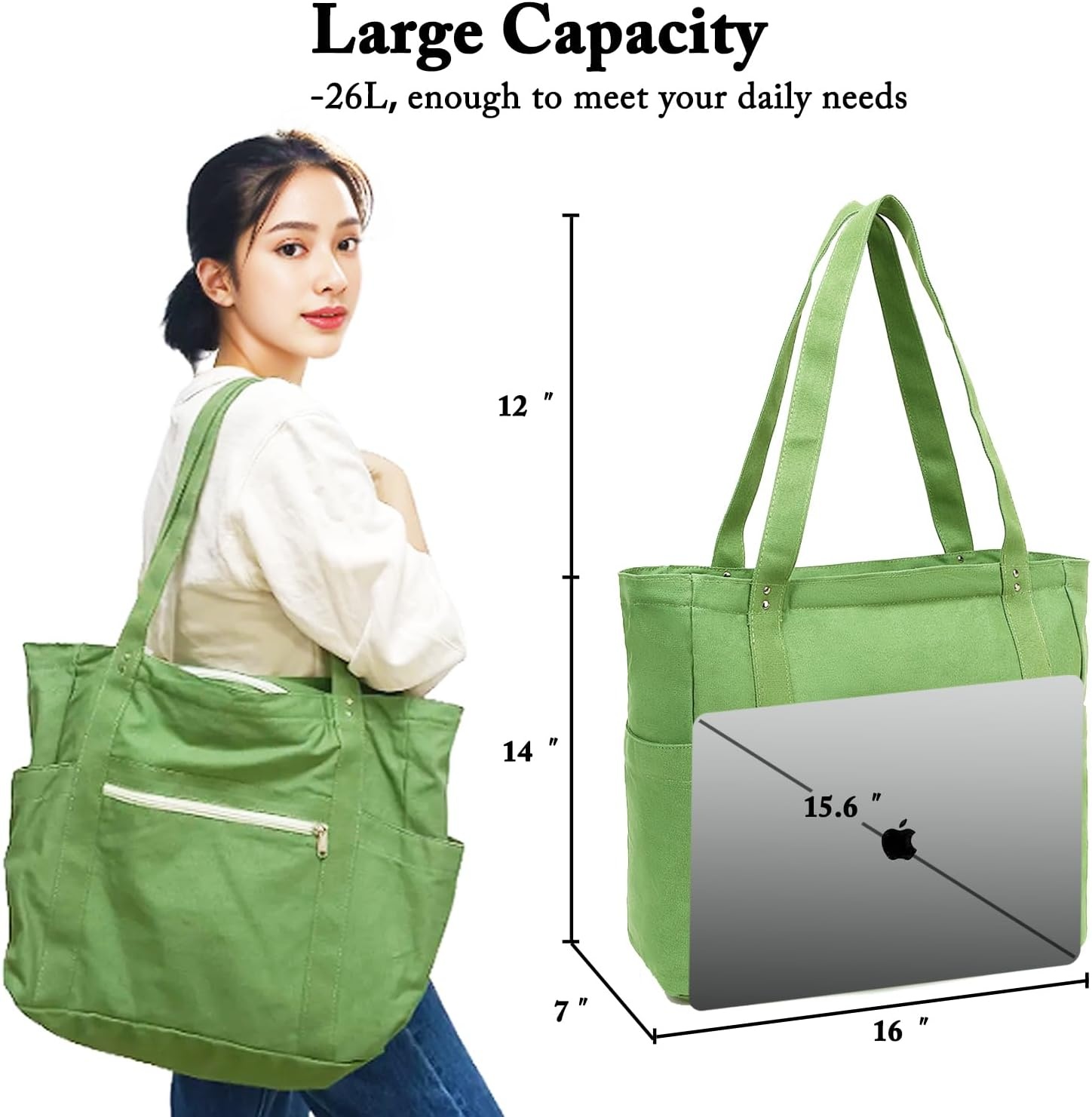 image:imageFammart Large Canvas Tote Bag for Women with Zipper amp Compartments Crossbody Laptop Bags for Work College TravelLuggage Strap Grass Green
