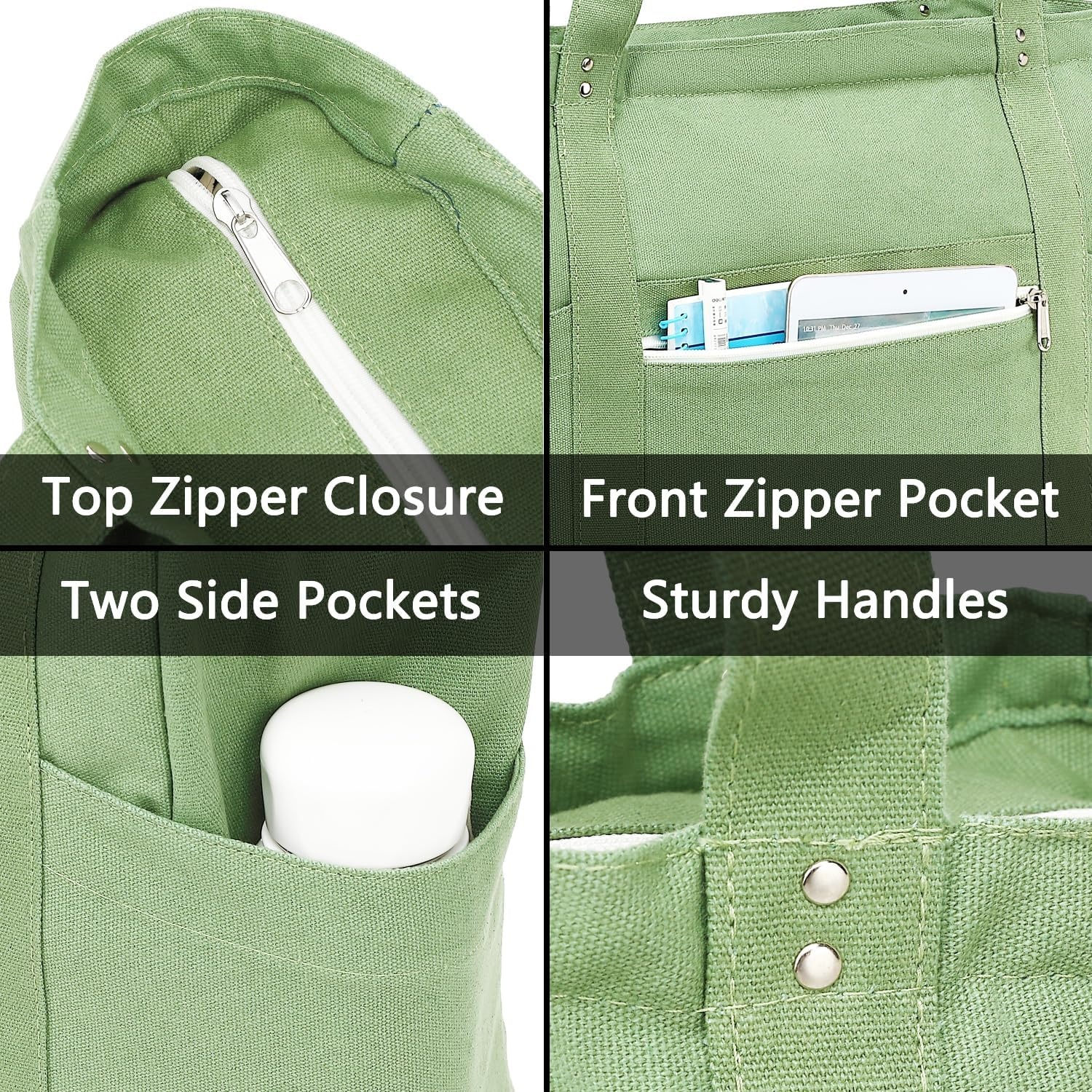 image:imageFammart Large Canvas Tote Bag for Women with Zipper amp Compartments Crossbody Laptop Bags for Work College TravelLuggage Strap Grass Green