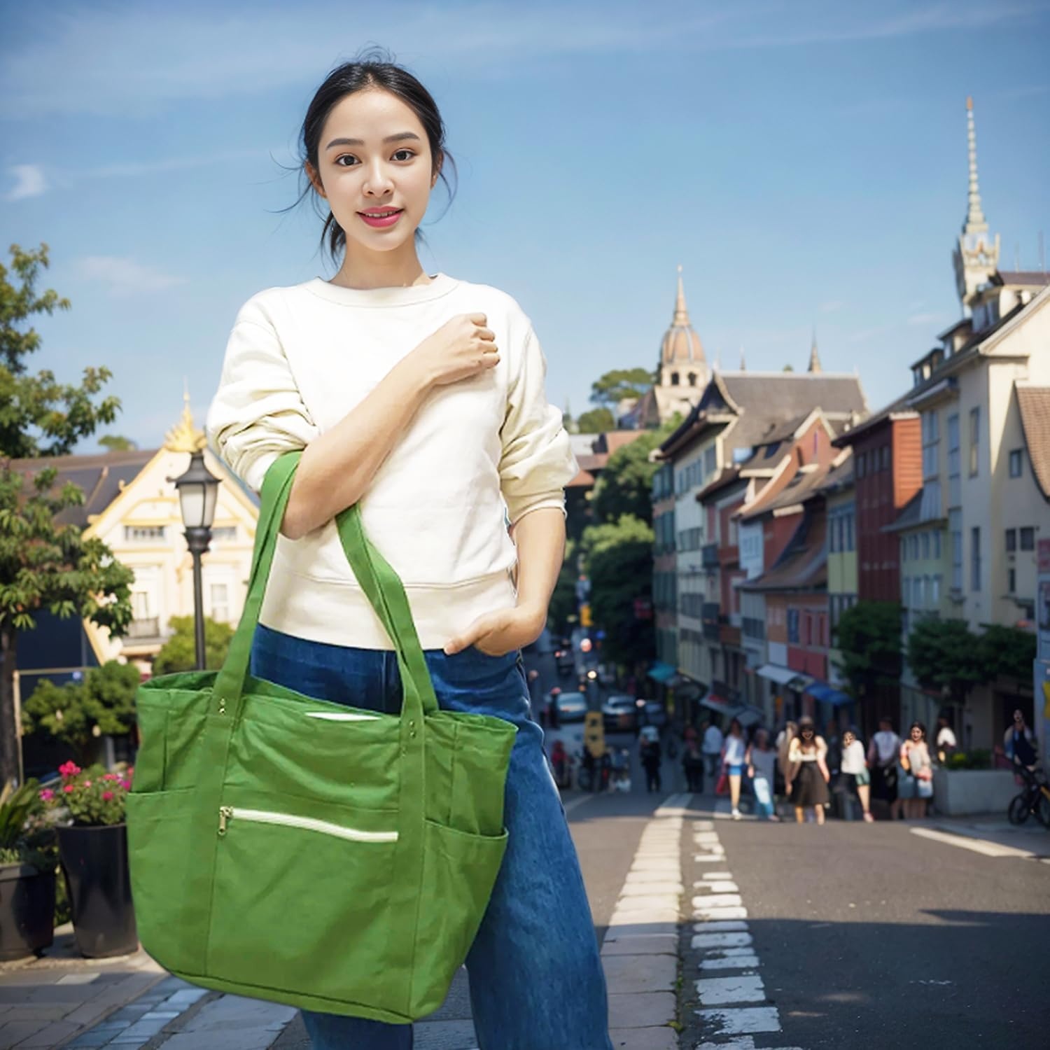 image:imageFammart Large Canvas Tote Bag for Women with Zipper amp Compartments Crossbody Laptop Bags for Work College TravelLuggage Strap Grass Green