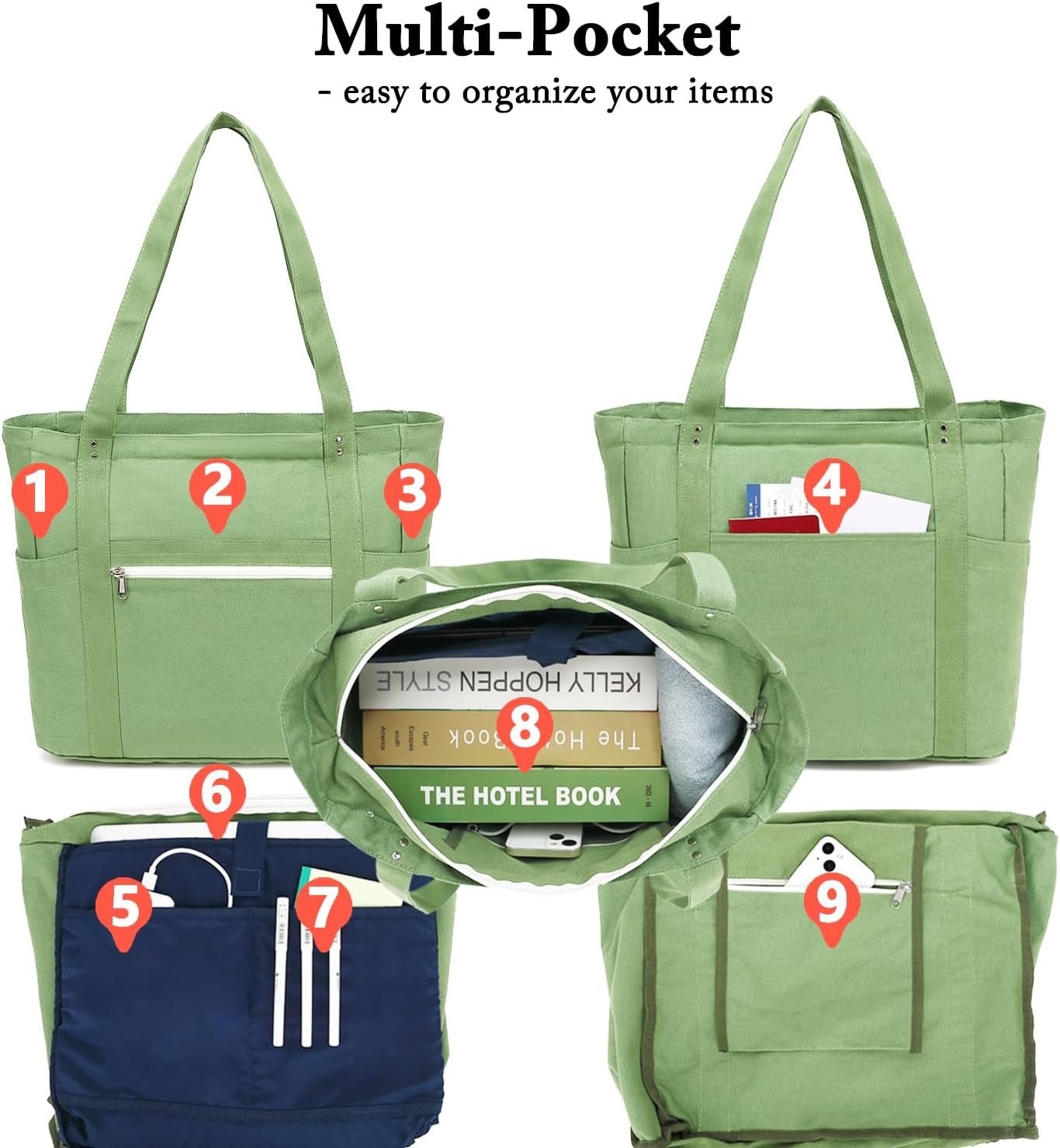 image:imageFammart Large Canvas Tote Bag for Women with Zipper amp Compartments Crossbody Laptop Bags for Work College TravelLuggage Strap Grass Green