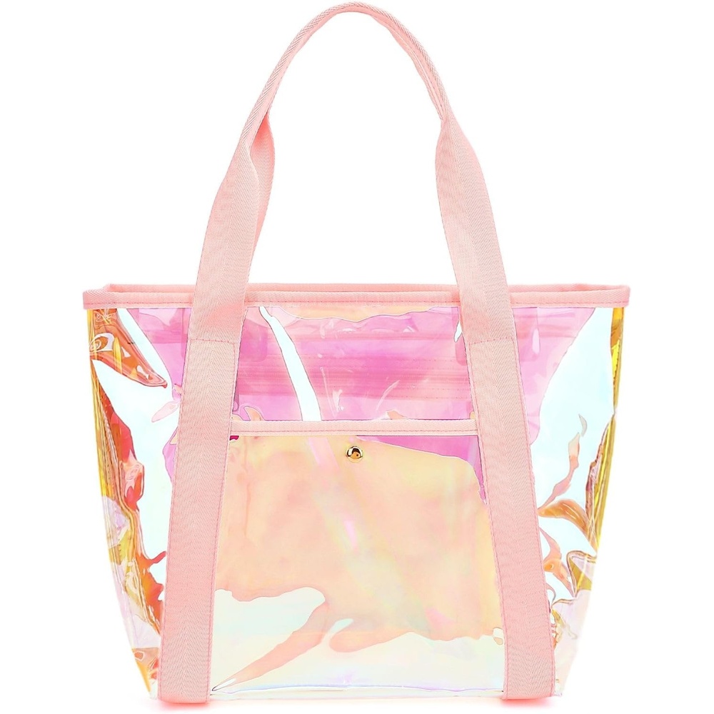 image:imageFammart Clear Bag for Stadium Events 12x6x12 Jelly Tote Bag for Women with Zipper for Beach Sports Concerts WorkIridescent Pink