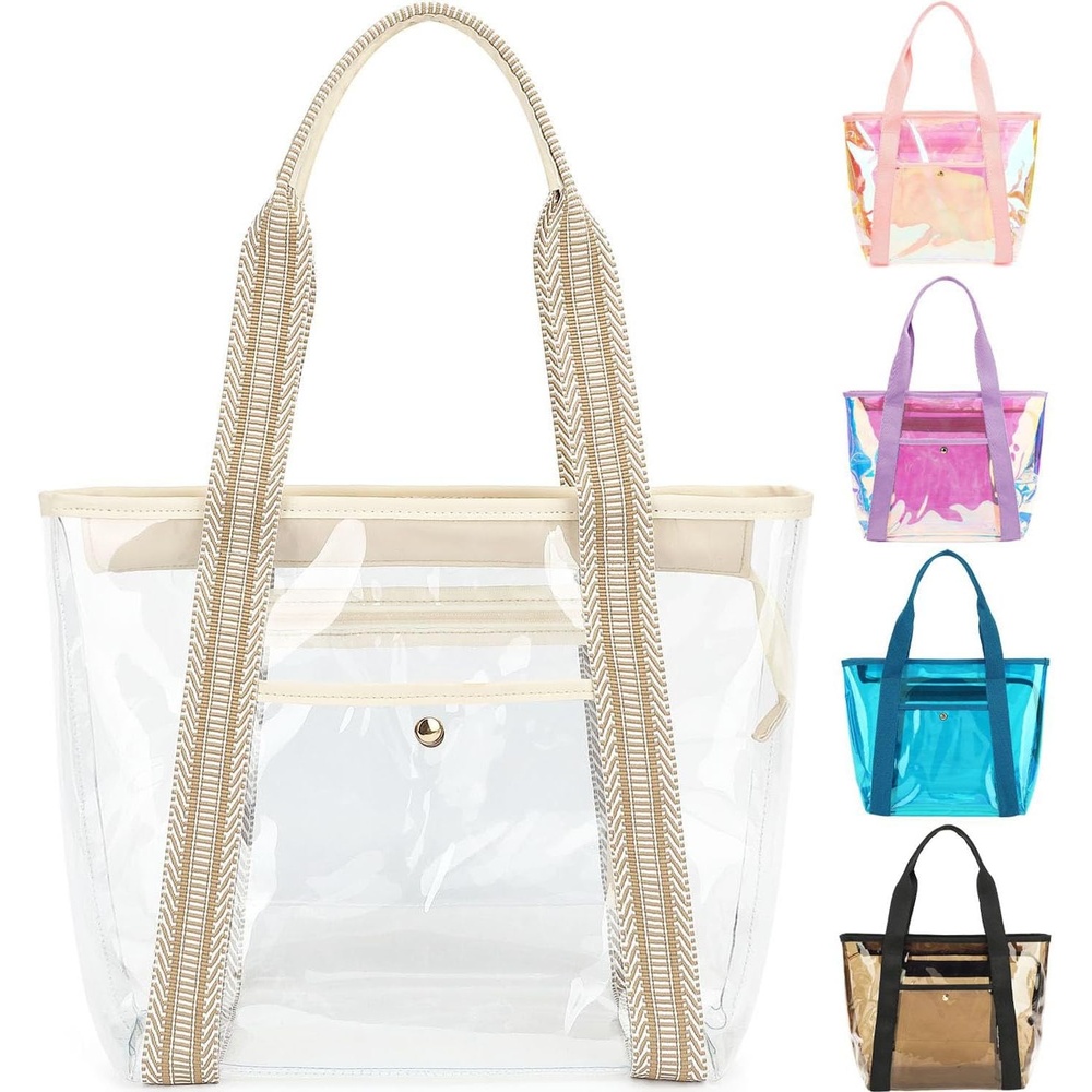 image:imageFammart Clear Bag for Stadium Events 12x6x12 Jelly Tote Bag for Women with Zipper for Beach Sports Concerts WorkJacquard Handles Beige