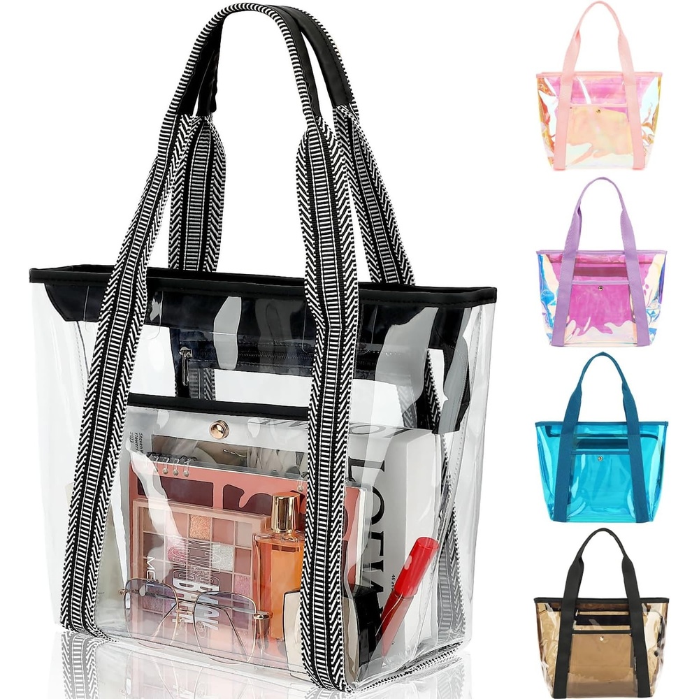image:imageFammart Clear Bag for Stadium Events 12x6x12 Jelly Tote Bag for Women with Zipper for Beach Sports Concerts WorkJacquard Handles Black