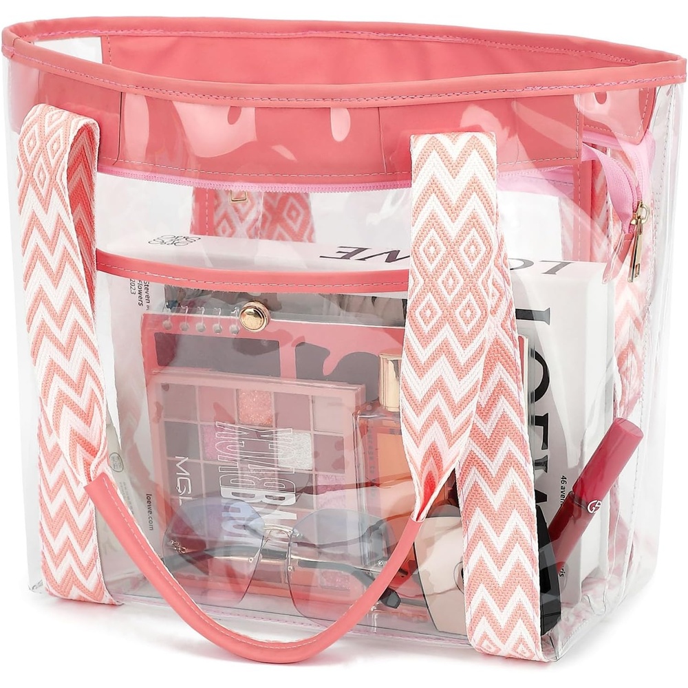 image:imageFammart Clear Bag for Stadium Events 12x6x12 Jelly Tote Bag for Women with Zipper for Beach Sports Concerts WorkJacquard Handles Pink