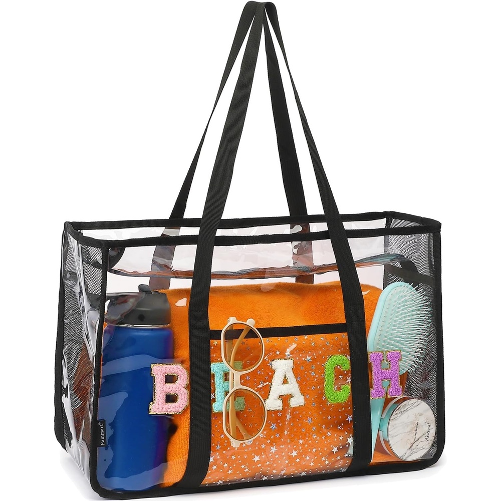 image:imageFammart Clear Beach Bag for Women Large Pool Tote Cruise Vacation Essentials Zipper Closure Waterproof SandproofChenille Letters