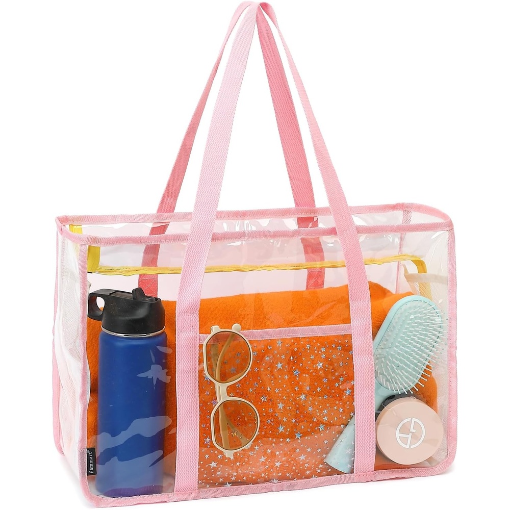 image:imageFammart Clear Beach Bag for Women Large Pool Tote Cruise Vacation Essentials Zipper Closure Waterproof SandproofPink