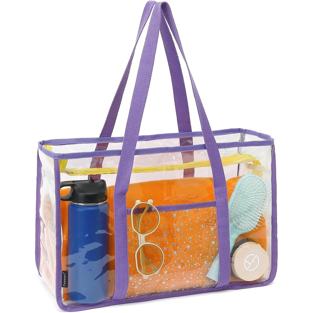 image:imageFammart Clear Beach Bag for Women Large Pool Tote Cruise Vacation Essentials Zipper Closure Waterproof SandproofPurple