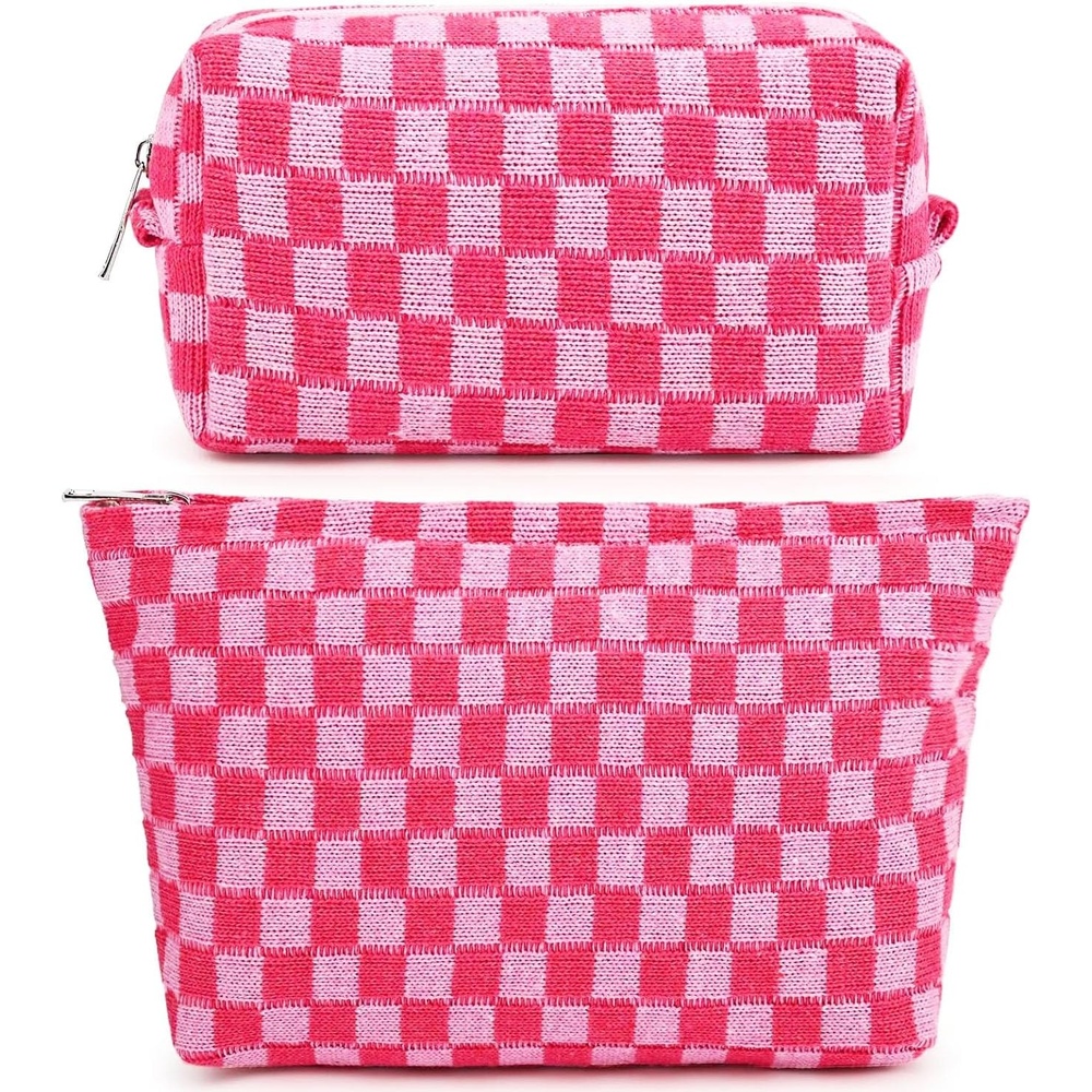 image:imageFammart Corduroy Makeup Bag Travel Cosmetic Bag Organizer Toiletry Bag Make Up Bags with Zipper amp Compartments for Women Girls 2PCSCheckered 2PCS Rose Red