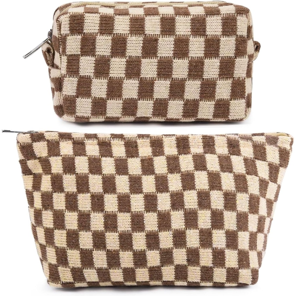 image:imageFammart Corduroy Makeup Bag Travel Cosmetic Bag Organizer Toiletry Bag Make Up Bags with Zipper amp Compartments for Women Girls 2PCSCheckered 2PCS Brown