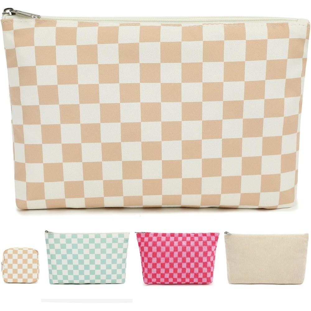 image:imageFammart Corduroy Makeup Bag Travel Cosmetic Bag Organizer Toiletry Bag Make Up Bags with Zipper amp Compartments for Women Girls 2PCSCheckered Khaki