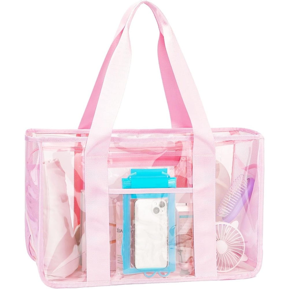 image:imageFammart Iridescent Clear Beach Bags Waterproof Sandproof for Women Large Jelly Tote Zipper Pool Bag Cruise Essentials 2026Large Jelly Pink