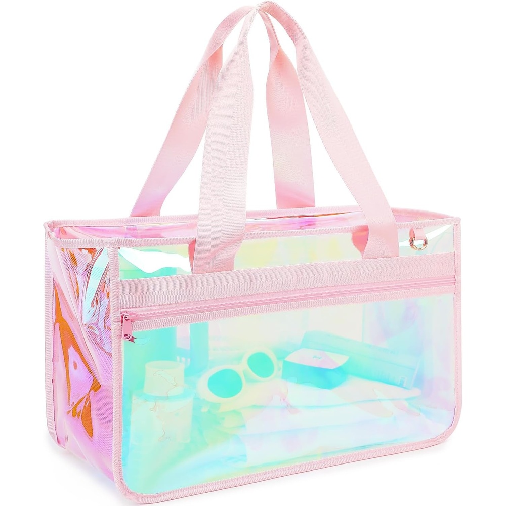 image:imageFammart Iridescent Clear Beach Bags Waterproof Sandproof for Women Large Jelly Tote Zipper Pool Bag Cruise Essentials 2026Large B Iridesent Pink
