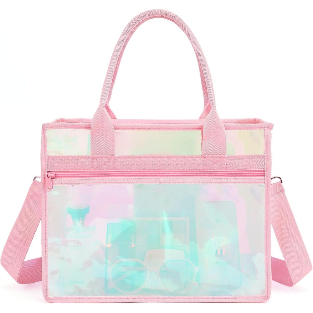 image:imageFammart Iridescent Clear Beach Bags Waterproof Sandproof for Women Large Jelly Tote Zipper Pool Bag Cruise Essentials 2026Small Iridesent Pink
