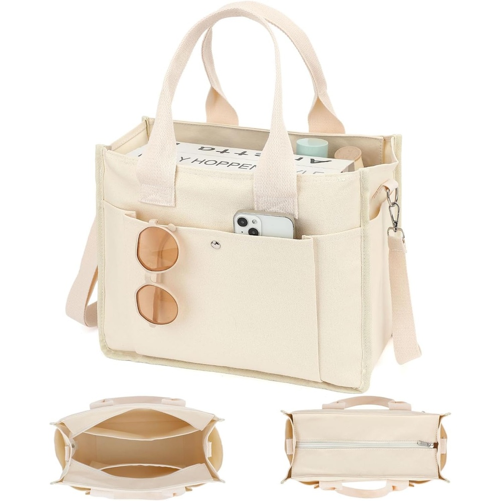 image:imageFammart Large Canvas Tote Bag for Women with Zipper amp Compartments Crossbody Laptop Bags for Work College TravelCrossbody Beige
