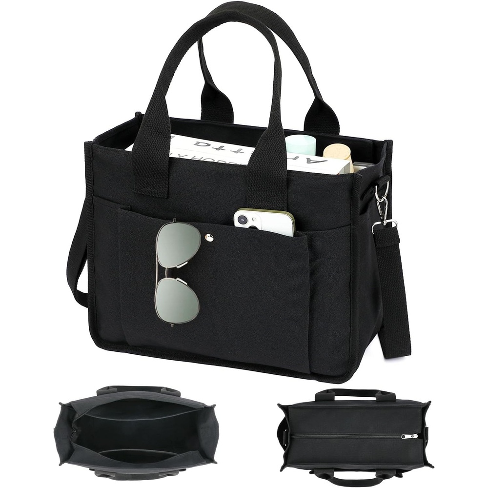 image:imageFammart Large Canvas Tote Bag for Women with Zipper amp Compartments Crossbody Laptop Bags for Work College TravelCrossbody Black