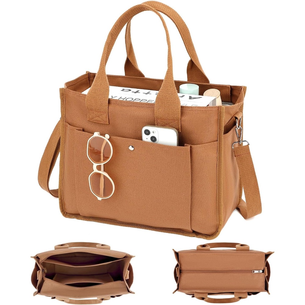 image:imageFammart Large Canvas Tote Bag for Women with Zipper amp Compartments Crossbody Laptop Bags for Work College TravelCrossbody Brown