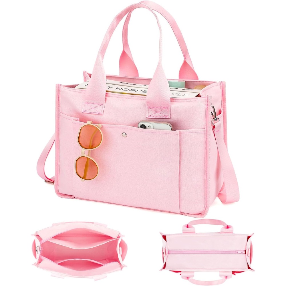 image:imageFammart Large Canvas Tote Bag for Women with Zipper amp Compartments Crossbody Laptop Bags for Work College TravelCrossbody Pink