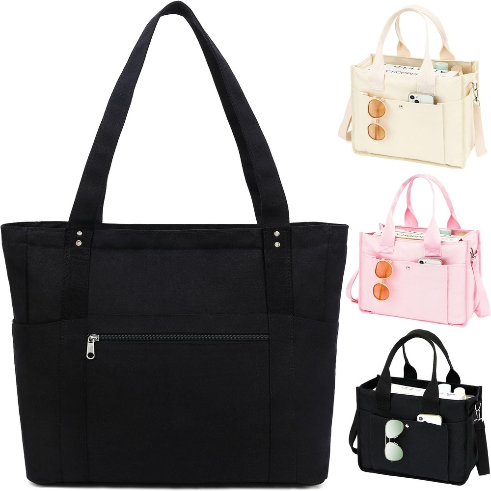 image:imageFammart Large Canvas Tote Bag for Women with Zipper amp Compartments Crossbody Laptop Bags for Work College TravelLuggage Strap Black