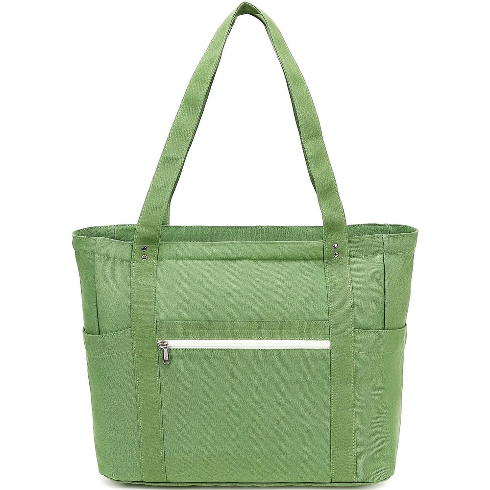 image:imageFammart Large Canvas Tote Bag for Women with Zipper amp Compartments Crossbody Laptop Bags for Work College TravelLuggage Strap Grass Green