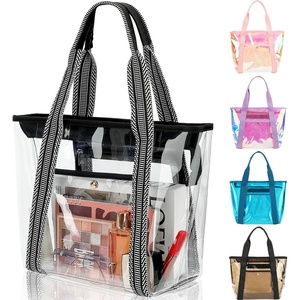 image:imageFammart Clear Bag for Stadium Events 12x6x12 Jelly Tote Bag for Women with Zipper for Beach Sports Concerts WorkJacquard Handles  Black
