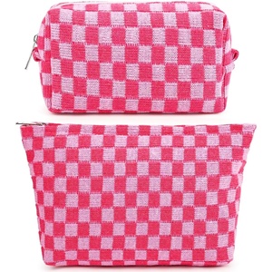 image:imageFammart Corduroy Makeup Bag Travel Cosmetic Bag Organizer Toiletry Bag Make Up Bags with Zipper amp Compartments for Women Girls 2PCSCheckered  2PCS  Rose Red