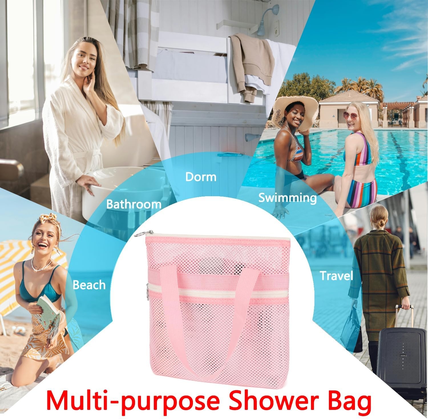 image:imageFammart Portable Shower Caddy Tote Collapsible Plastic Basket with Handles Foldable Storage Organizer for Bathroom Kitchen College Dorm Gym Travel amp Camping BlueSmall Zipper Closure Pink