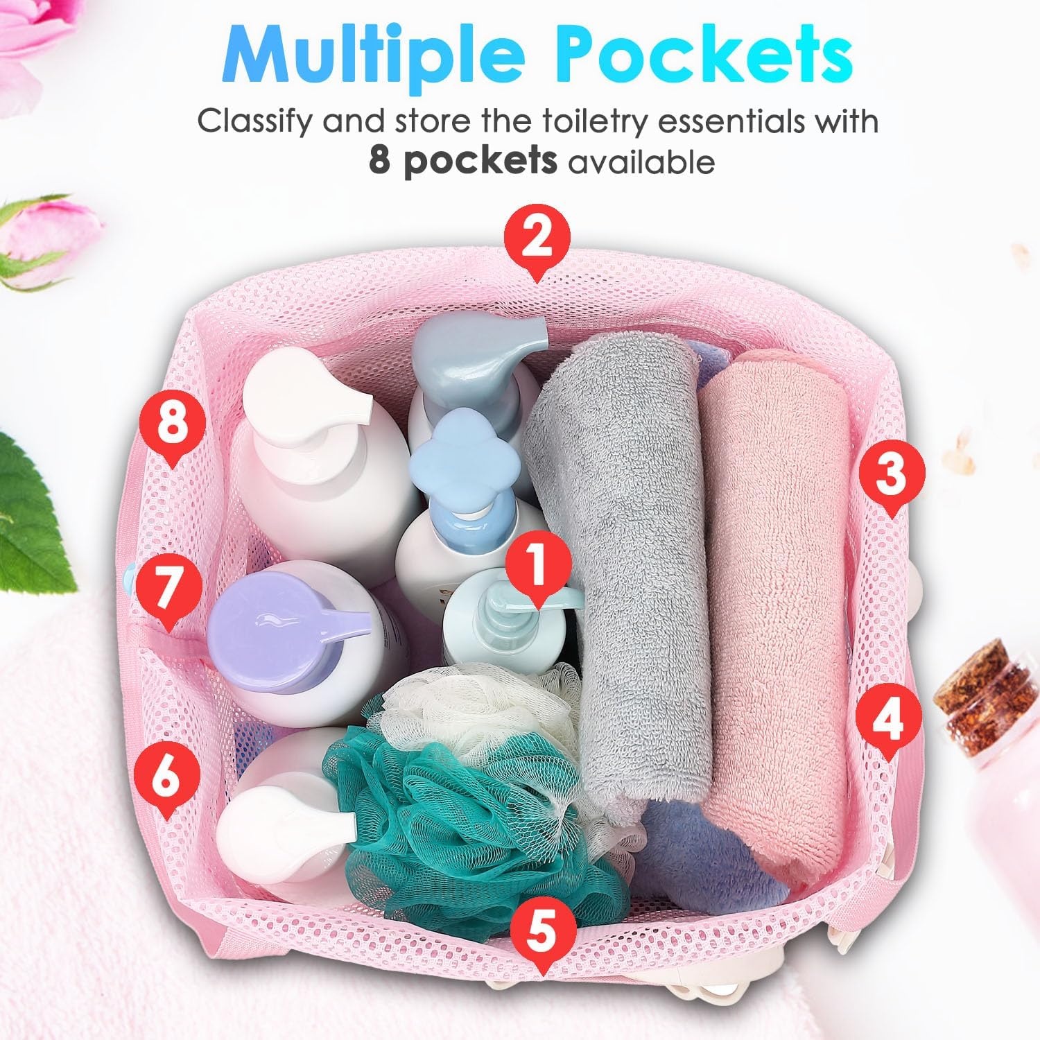 image:imageFammart Portable Shower Caddy Tote Collapsible Plastic Basket with Handles Foldable Storage Organizer for Bathroom Kitchen College Dorm Gym Travel amp Camping BlueExtra Large Drawstring Closure Pink